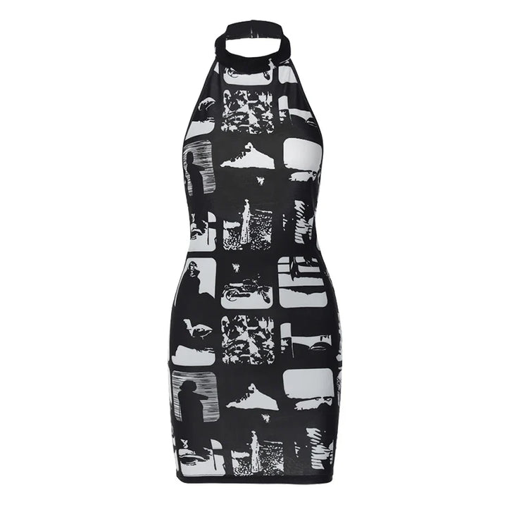 Mini Dress with Collar and Monochrome Print Design - Tessa