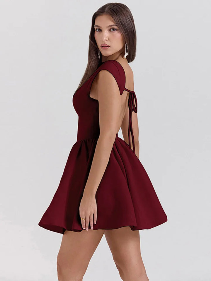 Linen Mini Dress in A-Line with Open Back - Marilyn