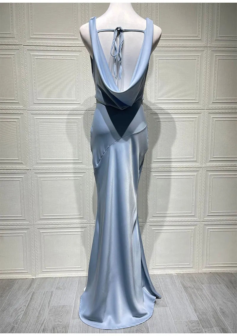 Maxi satin dress with draped collar and open back - Alexis