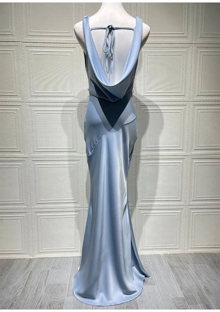 Maxi satin dress with draped collar and open back - Alexis