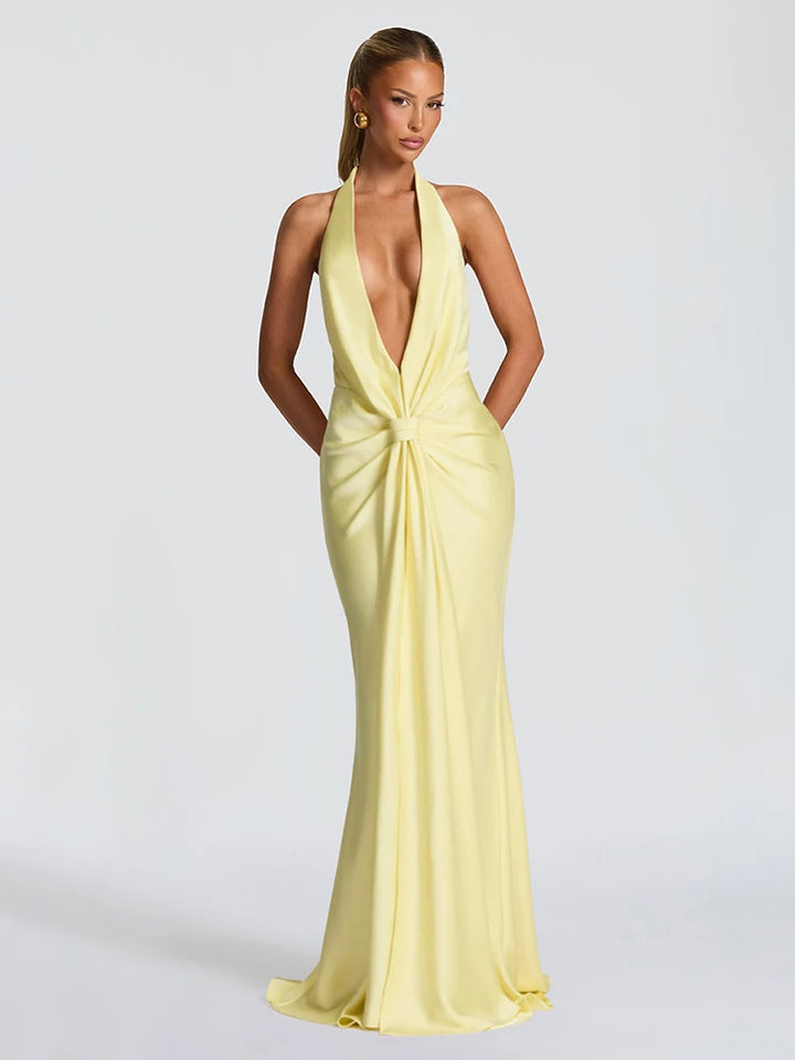 Satin Maxi Dress with V-Neck, Pleats, and Open Back - Shannon