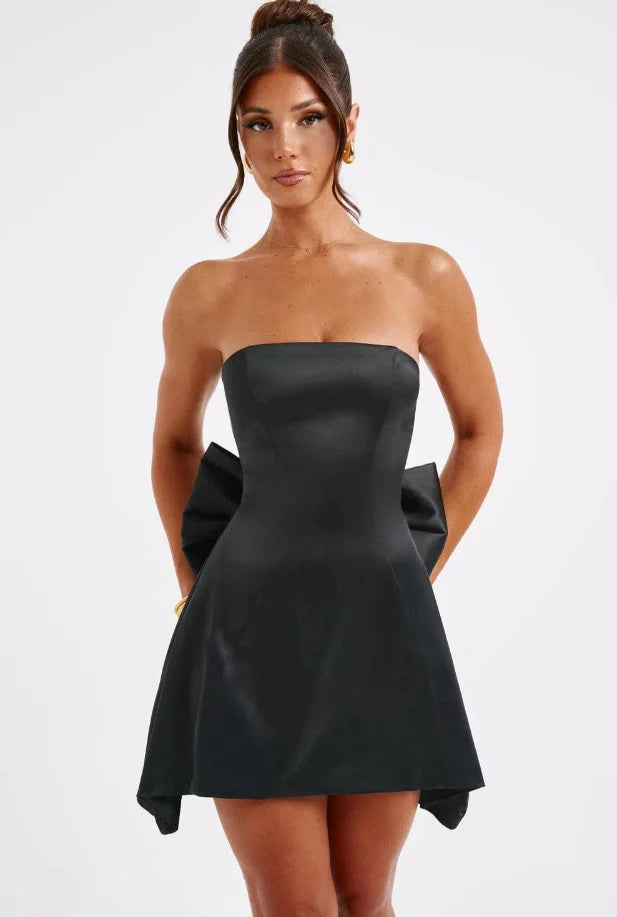 Strapless Satin Mini Dress with A-Line and Asymmetric Bow Detail - Roselyn