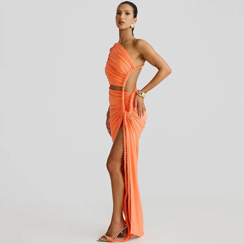 Maxi One-Shoulder Dress with Cutout and Slit, Braided Detail - Panama