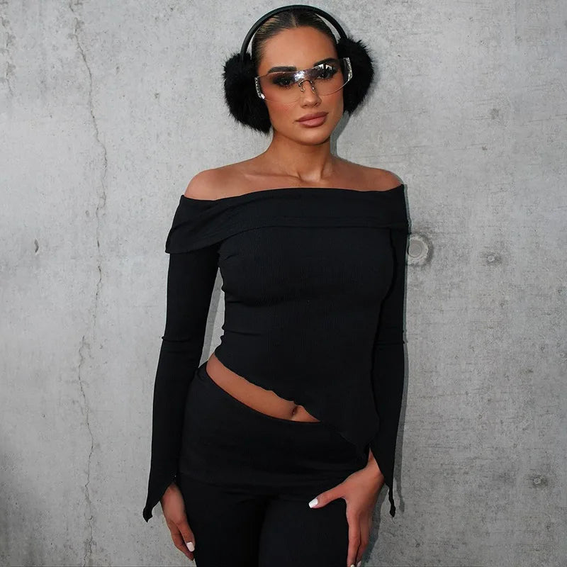 Two-piece knitted set with asymmetrical off-shoulder top and long pants - ROZIE