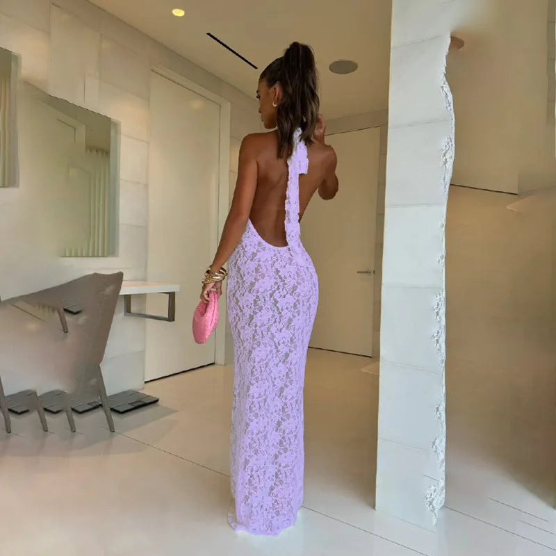 Lace Maxi Dress with Open Back and Draped Collar - Vanilia