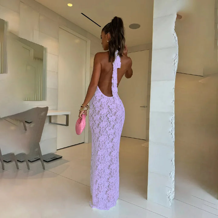 Lace Maxi Dress with Open Back and Draped Collar - Vanilia