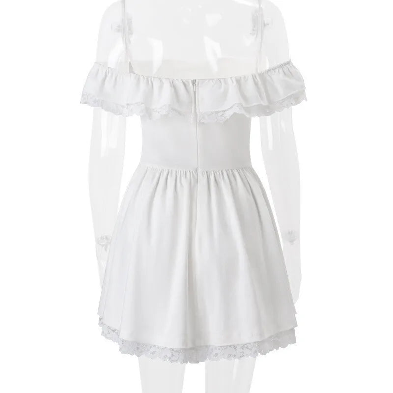 Rustic off-shoulder mini dress with lace decoration - Lali