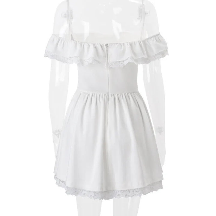 Rustic off-shoulder mini dress with lace decoration - Lali