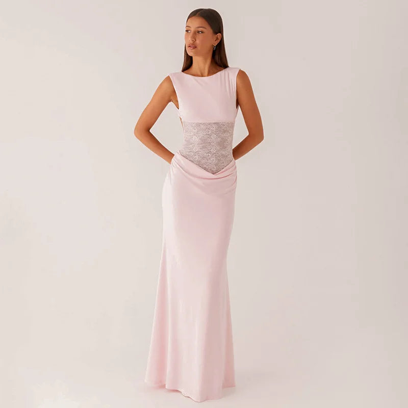 Maxi Dress with Lace and Pleats, Open Back - Lilin