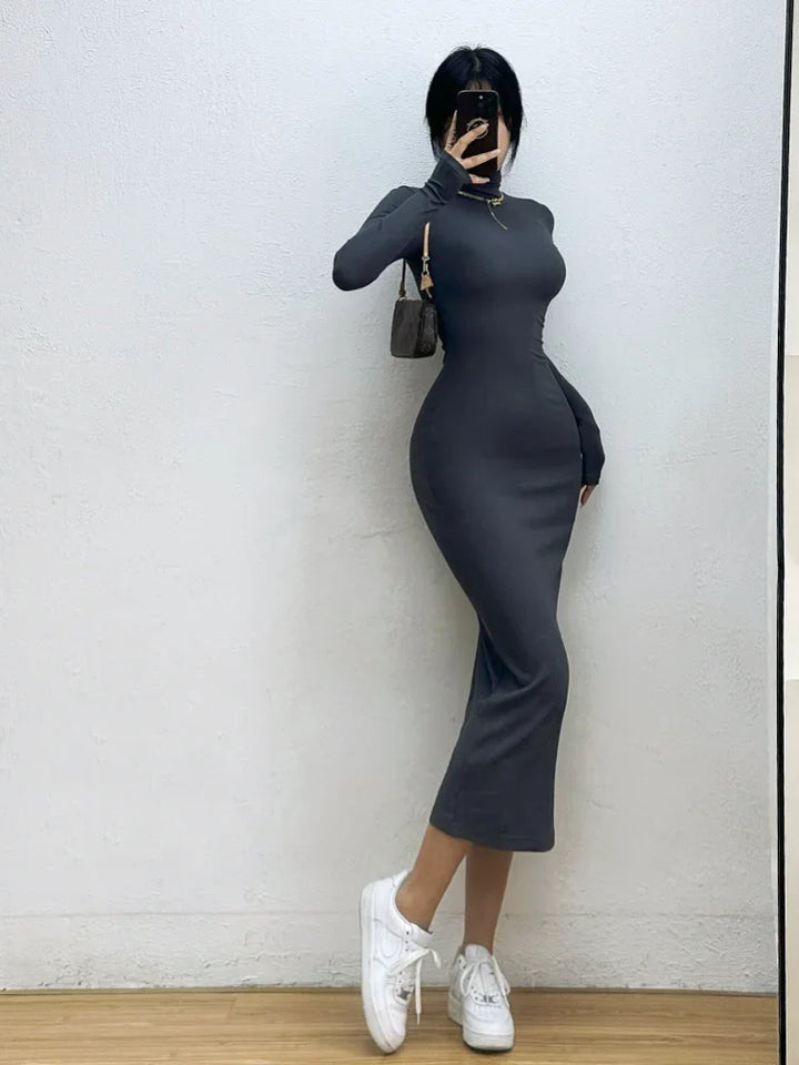 Fitted Knitted Midi Dress with Turtleneck - Kira