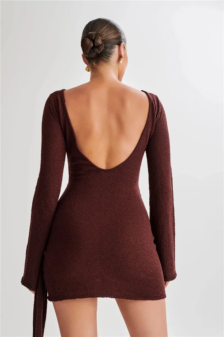 Knitted mini dress with flower and train design and open back - Malia