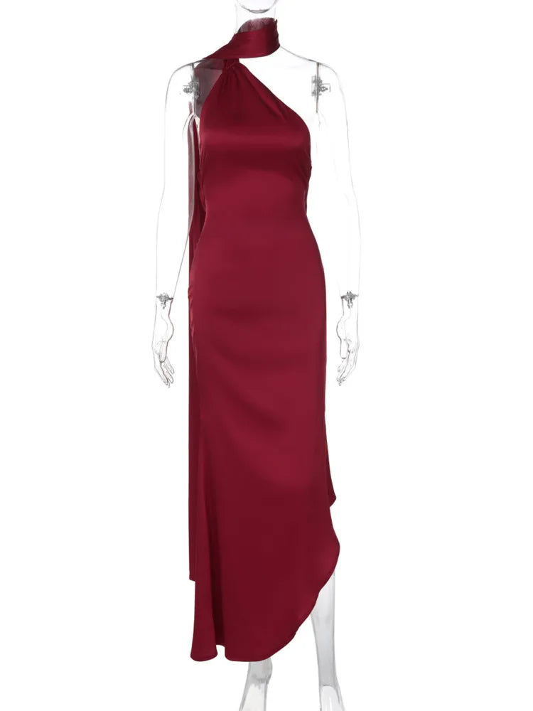Asymmetric satin maxi dress with neck wrap design - Angela