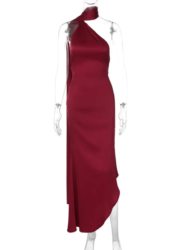 Asymmetric satin maxi dress with neck wrap design - Angela