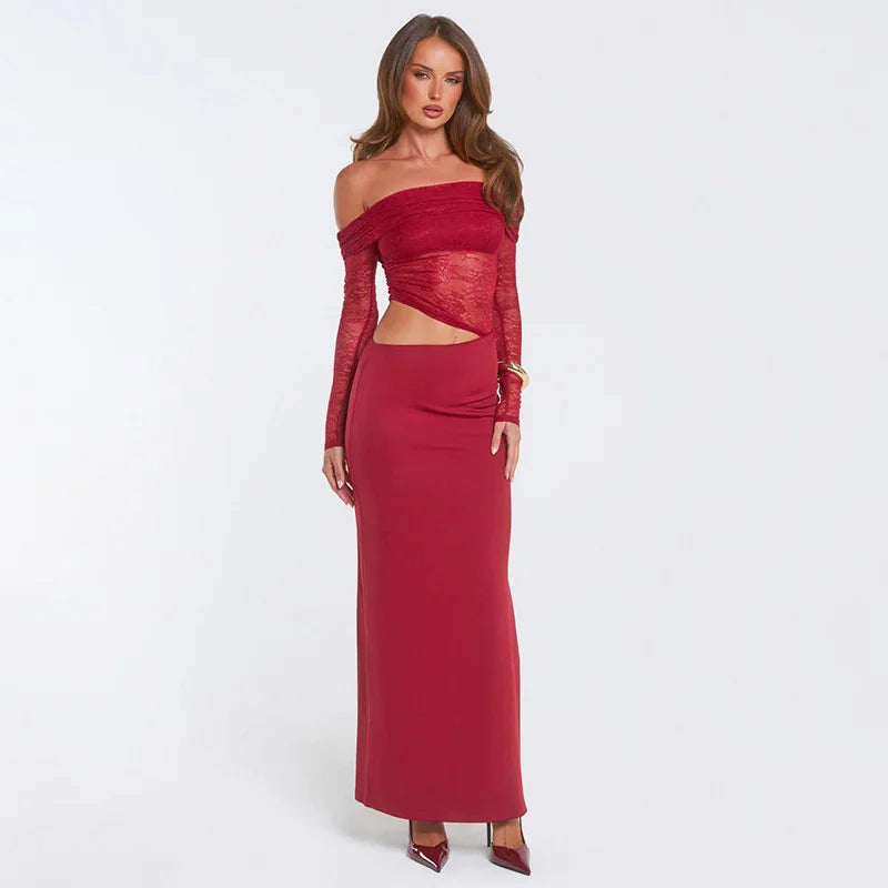 Maxi off-shoulder dress with lace and neckline design - LOLA