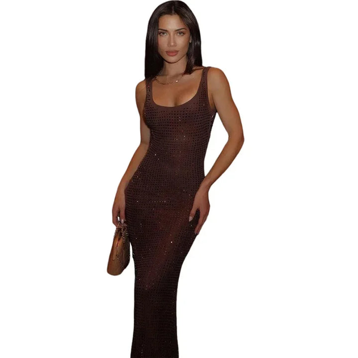 Fitted Maxi Dress with Sparkling Square Embellishment and Open Back Design - Genesis