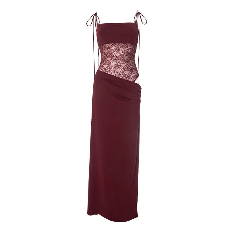 Elegant Maxi Dress with Lace and Tie Straps - Indigo