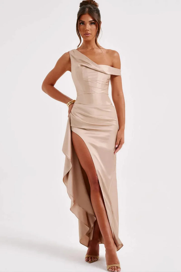 Satin Maxi Dress with Slit and One Shoulder Design - Emiliana