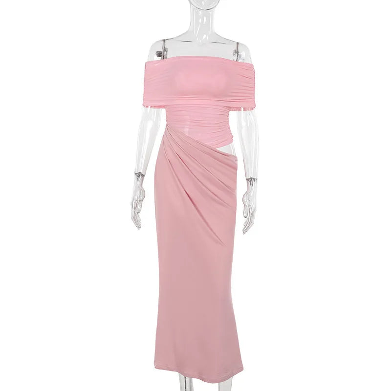 Maxi dress with ruching, mesh design and off-shoulder - Keshet