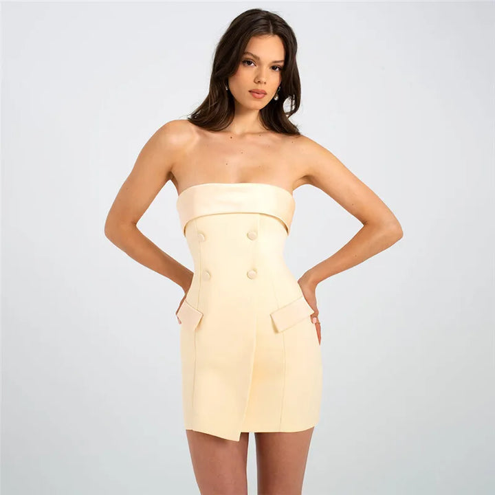 Strapless Mini Dress with Button and Faux Pocket Detail - Bonnie
