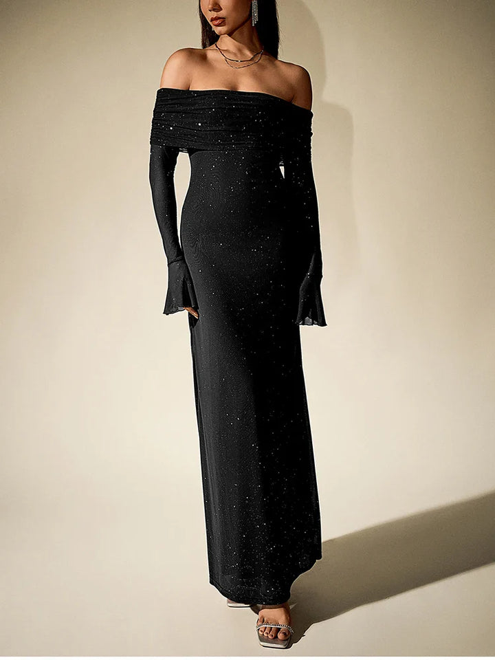 Sequin maxi dress with off-shoulder design and bell sleeves - Margarita