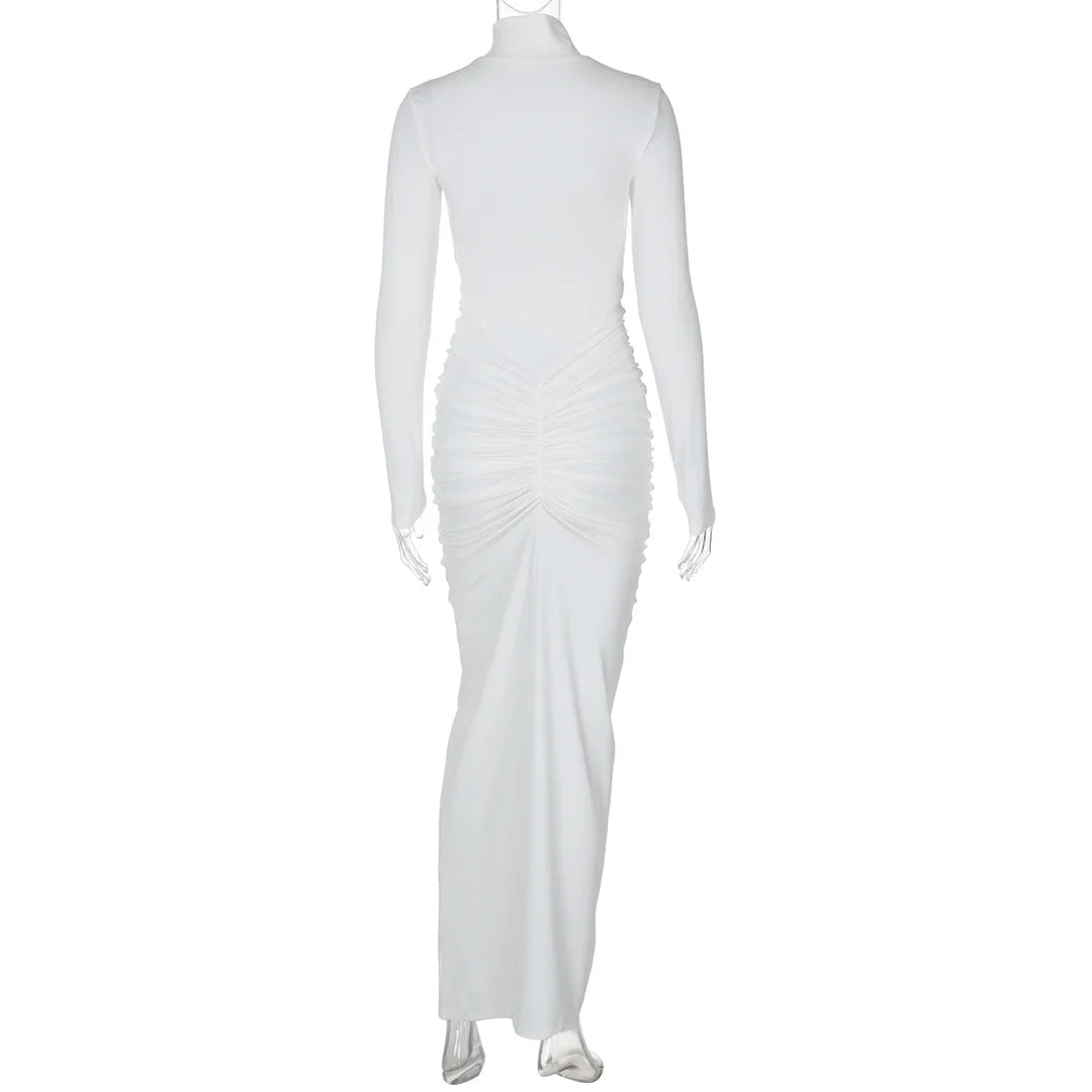 Maxi Dress with Gathered Turtleneck Collar and Slit Embellishment - Brianna