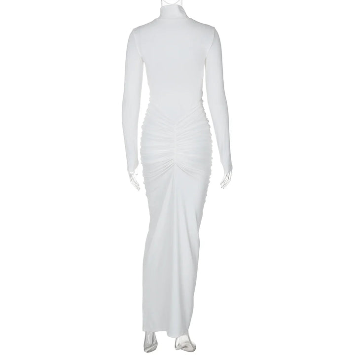 Maxi Dress with Gathered Turtleneck Collar and Slit Embellishment - Brianna