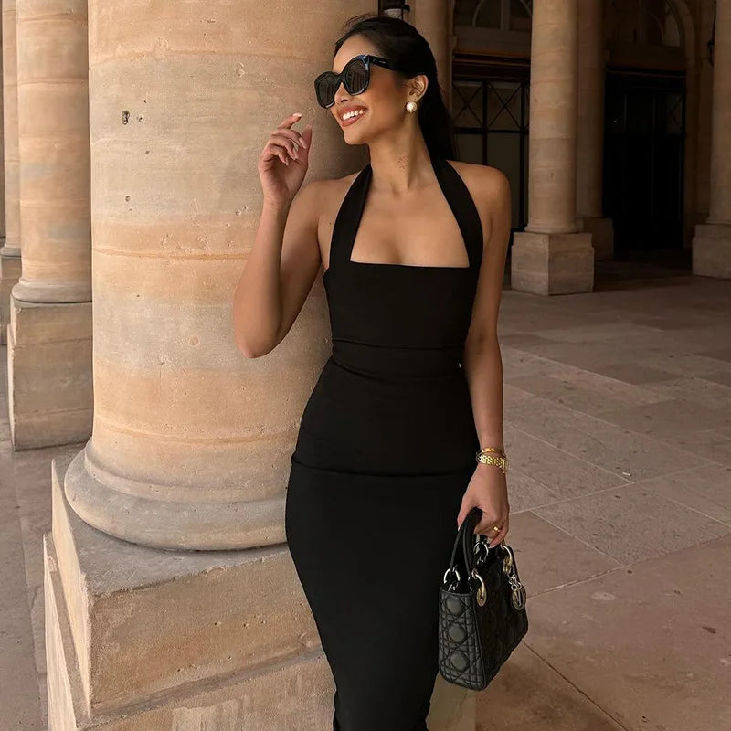 Fitted Midi Dress with Shaping Fabric and Open Back - Paislee
