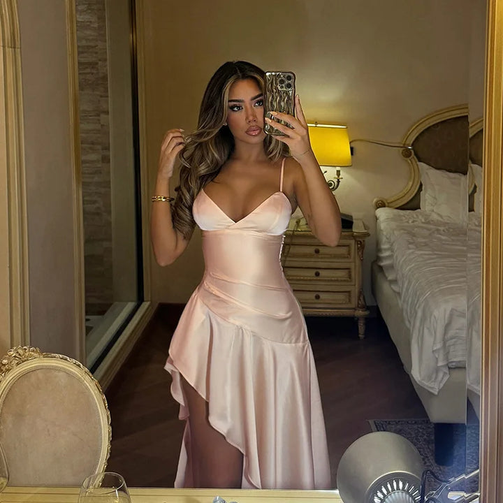 Satin Maxi Dress with Ruffle and Slit Detail - Siana