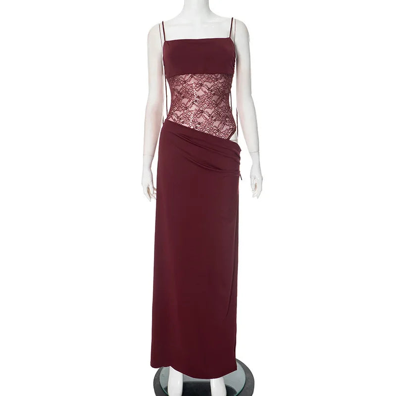 Elegant Maxi Dress with Lace and Tie Straps - Indigo