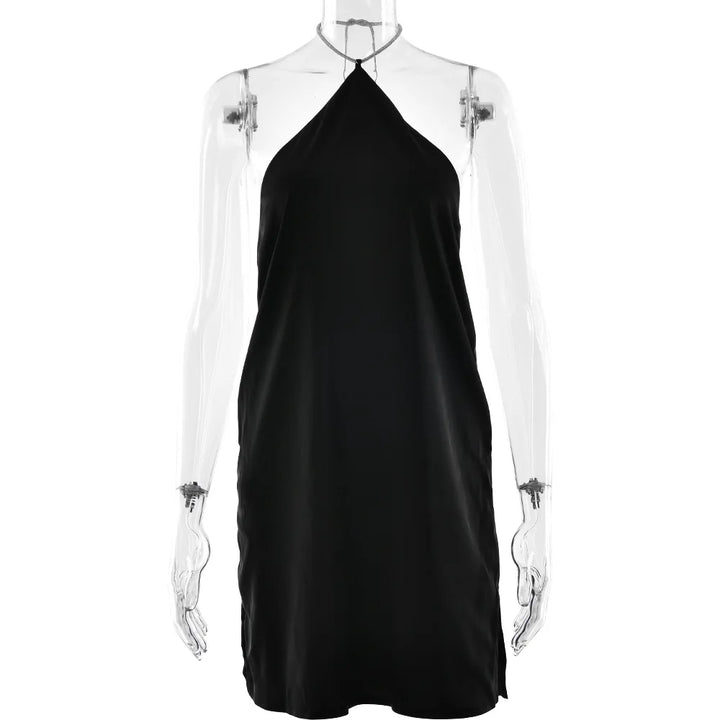 Satin mini dress with sparkling sequin threads tied at neck - Colin