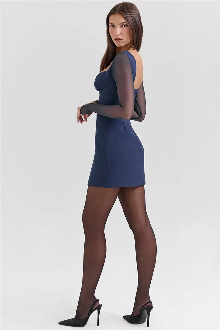 Tailored mini dress with V-neck and chiffon sleeves - Blue