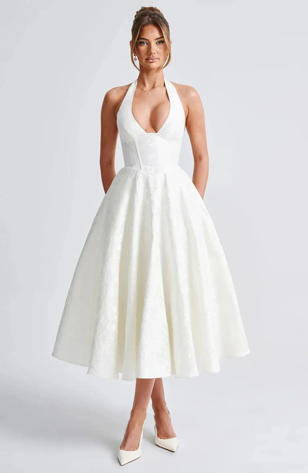 Midi A-Line Dress with Neck Tie, Open Back, Floral Embroidery Detail - Flora