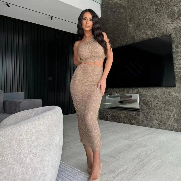 Two-piece set with one-shoulder top and midi skirt with pleats, lace, and rhinestone decoration - MELLISA