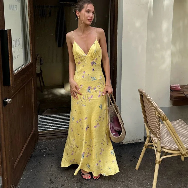 Maxi Satin Dress with Floral Print Detail - Baylee