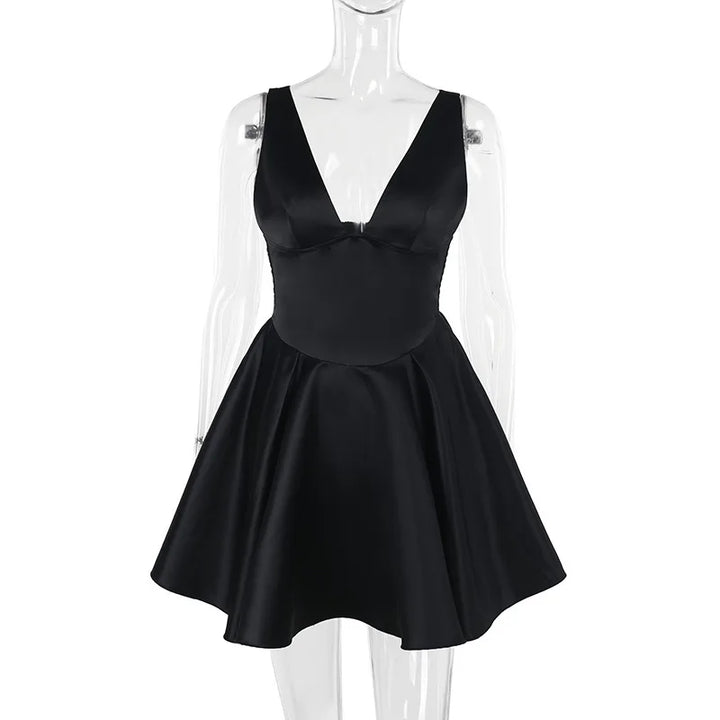 Fitted satin mini dress with waist detail in A-line shape - Dulce