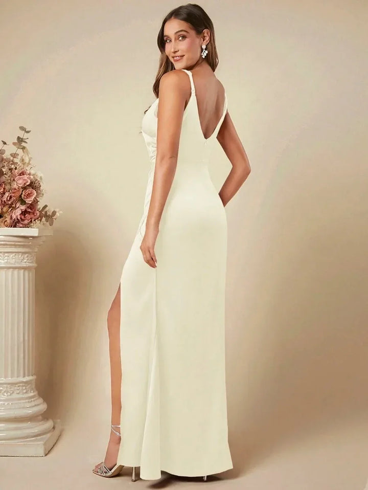 Elegant Maxi Satin Dress with Slit Detail - Reina