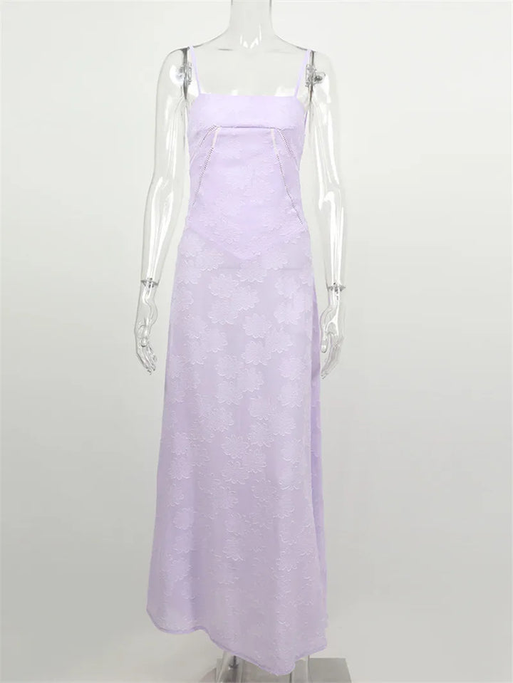 Maxi Dress with Floral Embroidery, Back Tie for Waist Fit - Millie