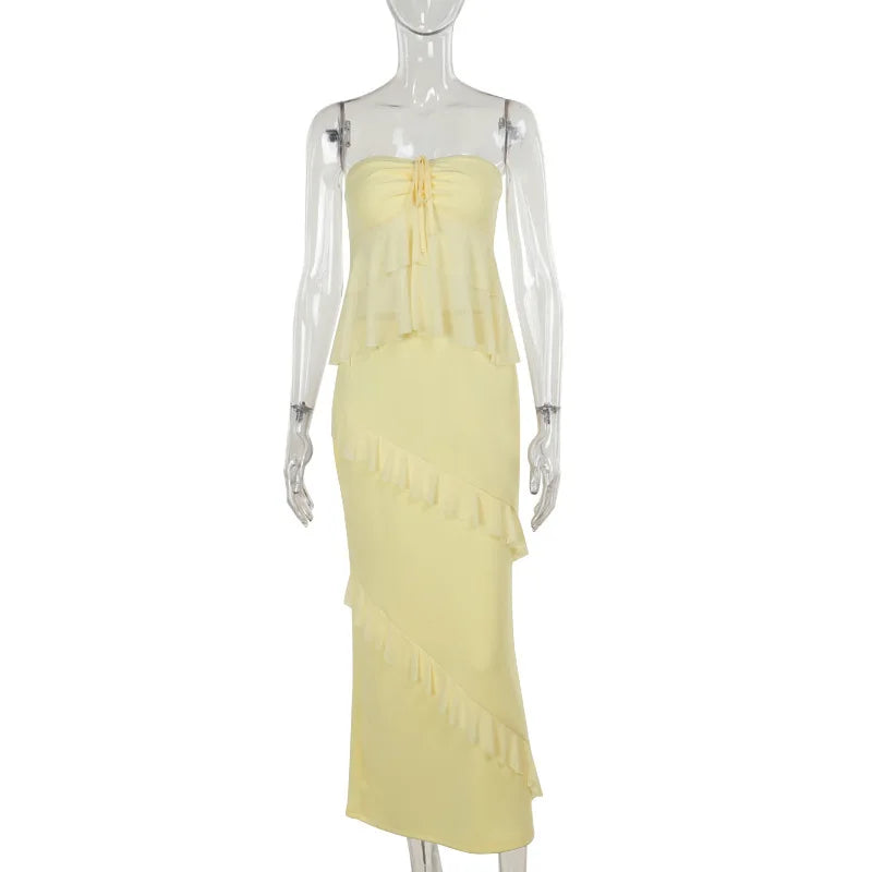 Two-Piece Set with Strapless Top and Maxi Skirt with Ruffle Detail - Sunny