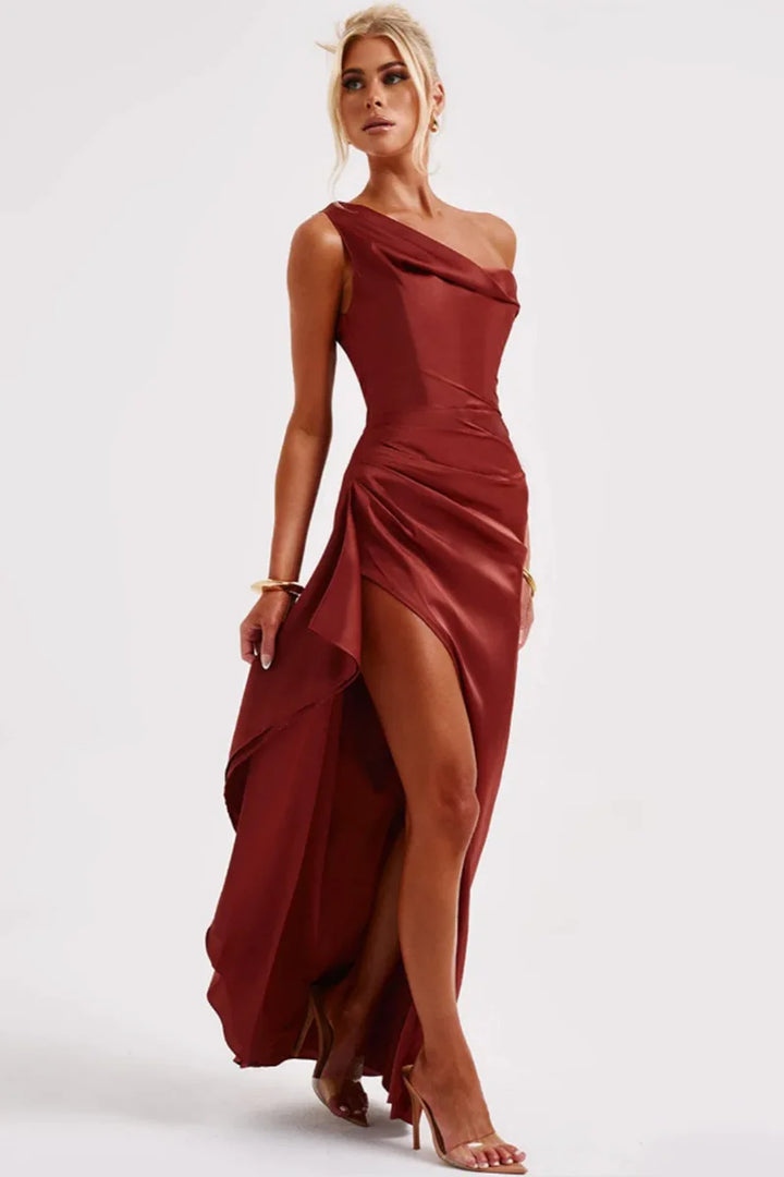 Satin Maxi Dress with Slit and One Shoulder Design - Emiliana
