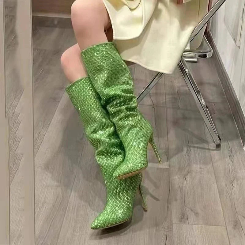 High Pointed Heel Boots with Sparkling Rhinestone Design - Josie