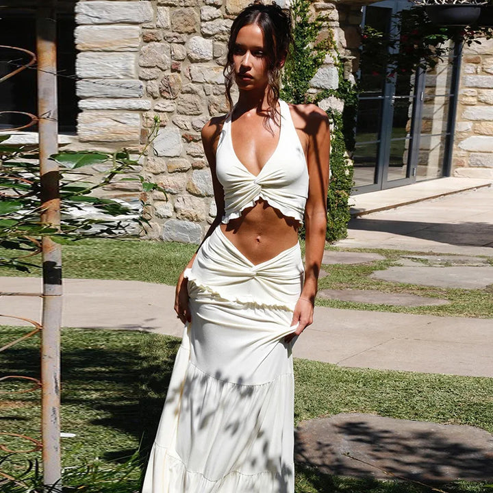 Two-piece set maxi skirt and neck tie top - Lorenza