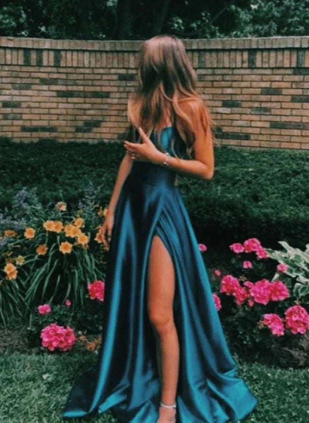 Elegant Maxi Satin Dress with Slit, A-Line Design, Back Tie - Prince