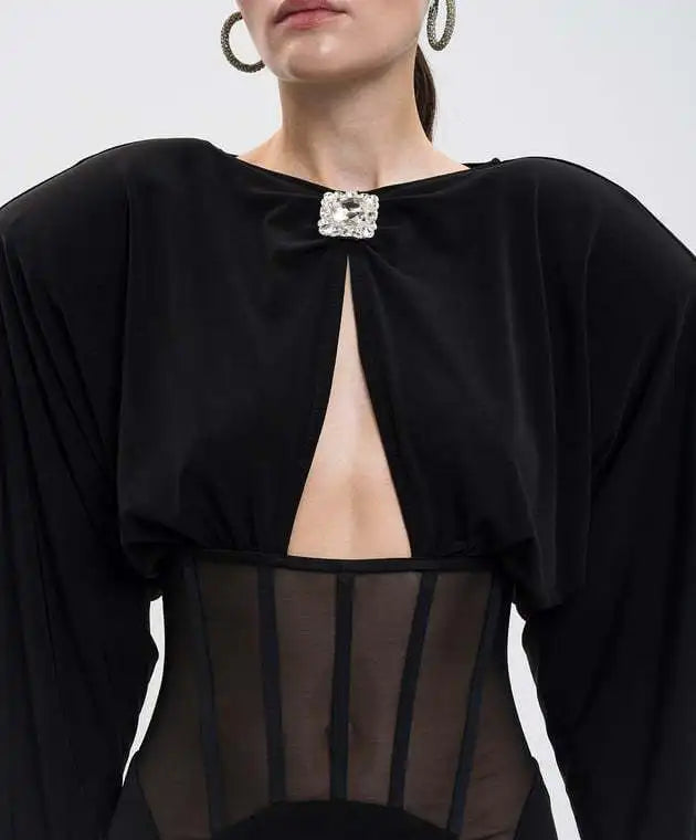 Maxi Dress with Mesh Corset Design and Diamond Buckle Decoration - AMOR