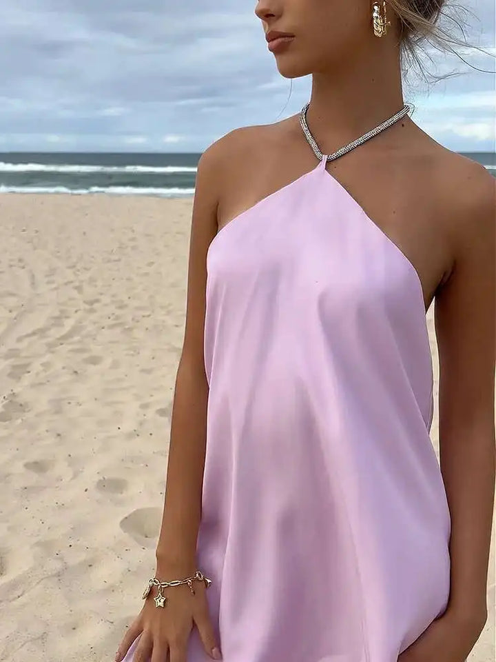 Satin mini dress with sparkling sequin threads tied at neck - Colin