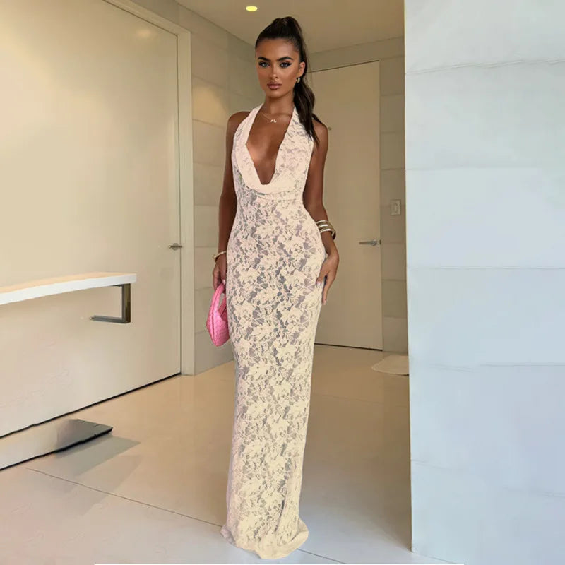 Lace Maxi Dress with Open Back and Draped Collar - Vanilia