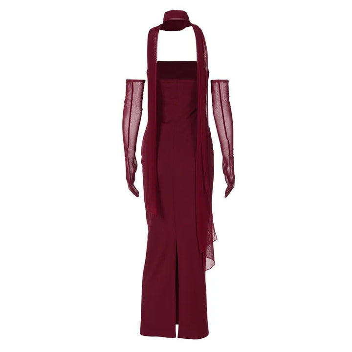 Maxi strapless dress with glove and chiffon scarf decoration - Annabel