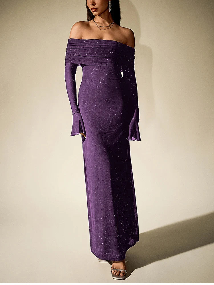 Sequin maxi dress with off-shoulder design and bell sleeves - Margarita