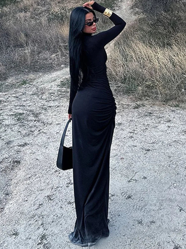 Maxi Dress with Ruching, Turtleneck, and Deep Slit - Sasha