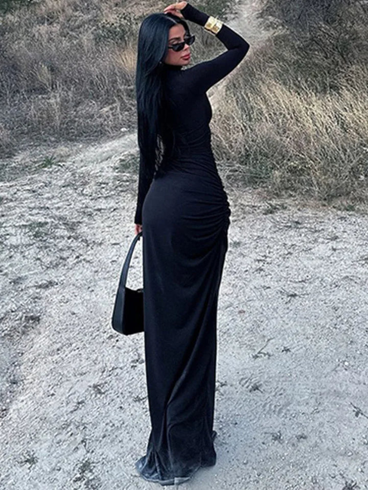 Maxi Dress with Ruching, Turtleneck, and Deep Slit - Sasha