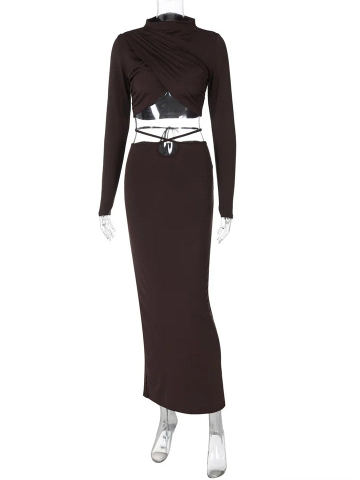 Two-piece set cross turtleneck top and maxi skirt with cross design at waist - Morena